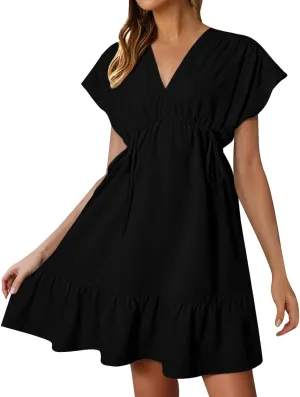 Womens 2025 Summer Short Sleeve V Neck Empire Waist Casual Ruffle A-Line Swing Mini Babydoll Dresses
