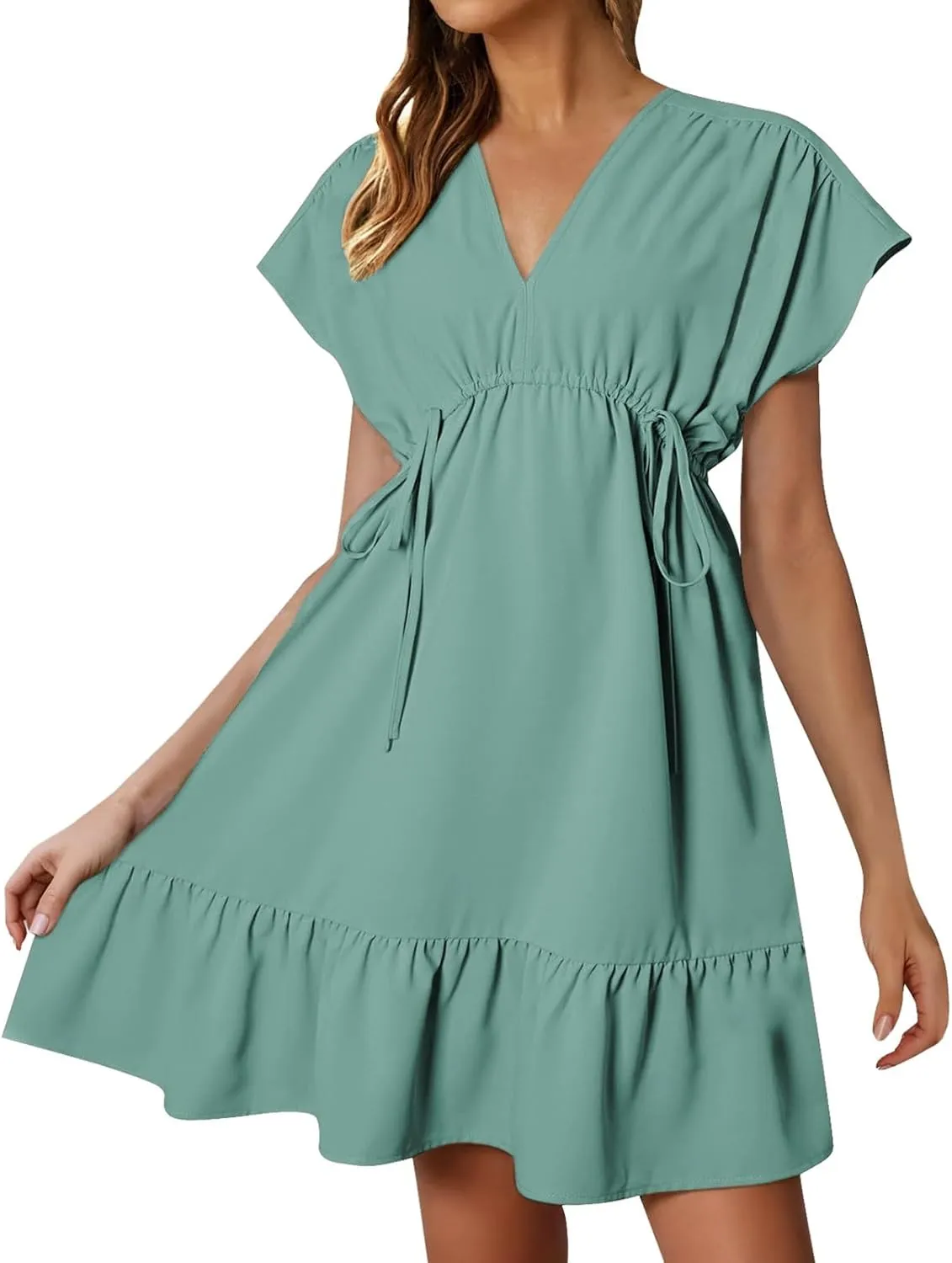 Womens 2025 Summer Short Sleeve V Neck Empire Waist Casual Ruffle A-Line Swing Mini Babydoll Dresses