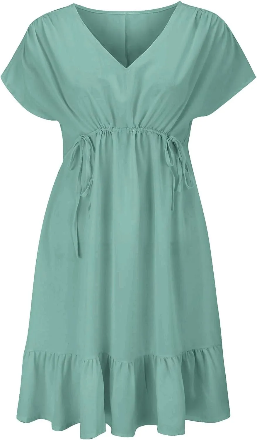 Womens 2025 Summer Short Sleeve V Neck Empire Waist Casual Ruffle A-Line Swing Mini Babydoll Dresses