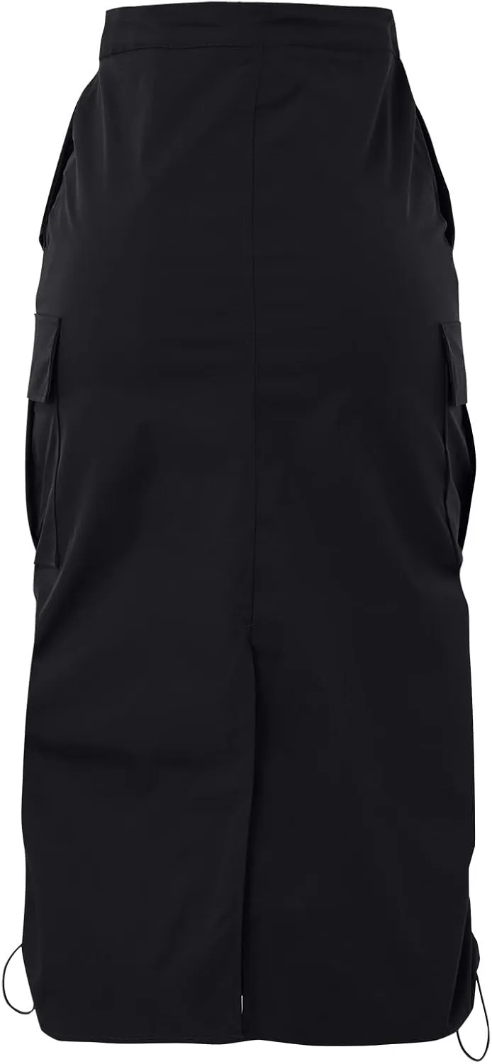 Women's Basic Pencil Skirts Women's Loose Casual Quick Drying Pleated Drawcord Work Suit Split Skirt Midi Skirt