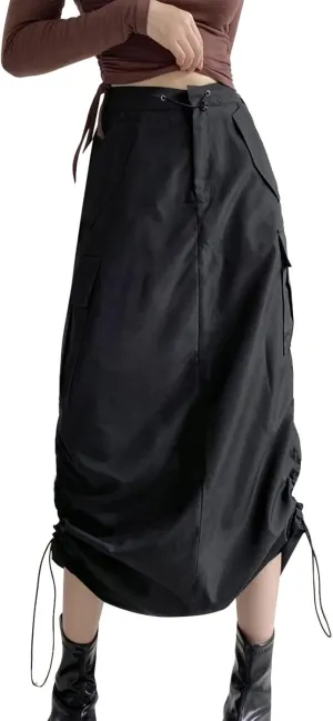Women's Basic Pencil Skirts Women's Loose Casual Quick Drying Pleated Drawcord Work Suit Split Skirt Midi Skirt