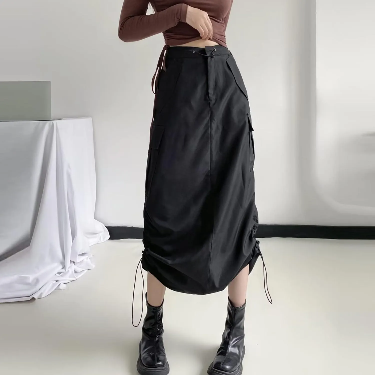 Women's Basic Pencil Skirts Women's Loose Casual Quick Drying Pleated Drawcord Work Suit Split Skirt Midi Skirt
