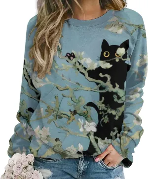Women's Black Cat Sweatshirt Pullover Cute Cat Lover 3D Graphic Print Sweatshirts Crewneck Casual Loose Shirts