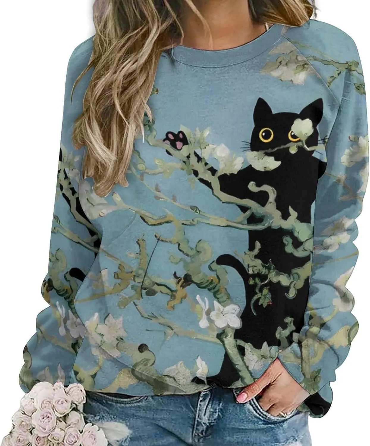 Women's Black Cat Sweatshirt Pullover Cute Cat Lover 3D Graphic Print Sweatshirts Crewneck Casual Loose Shirts
