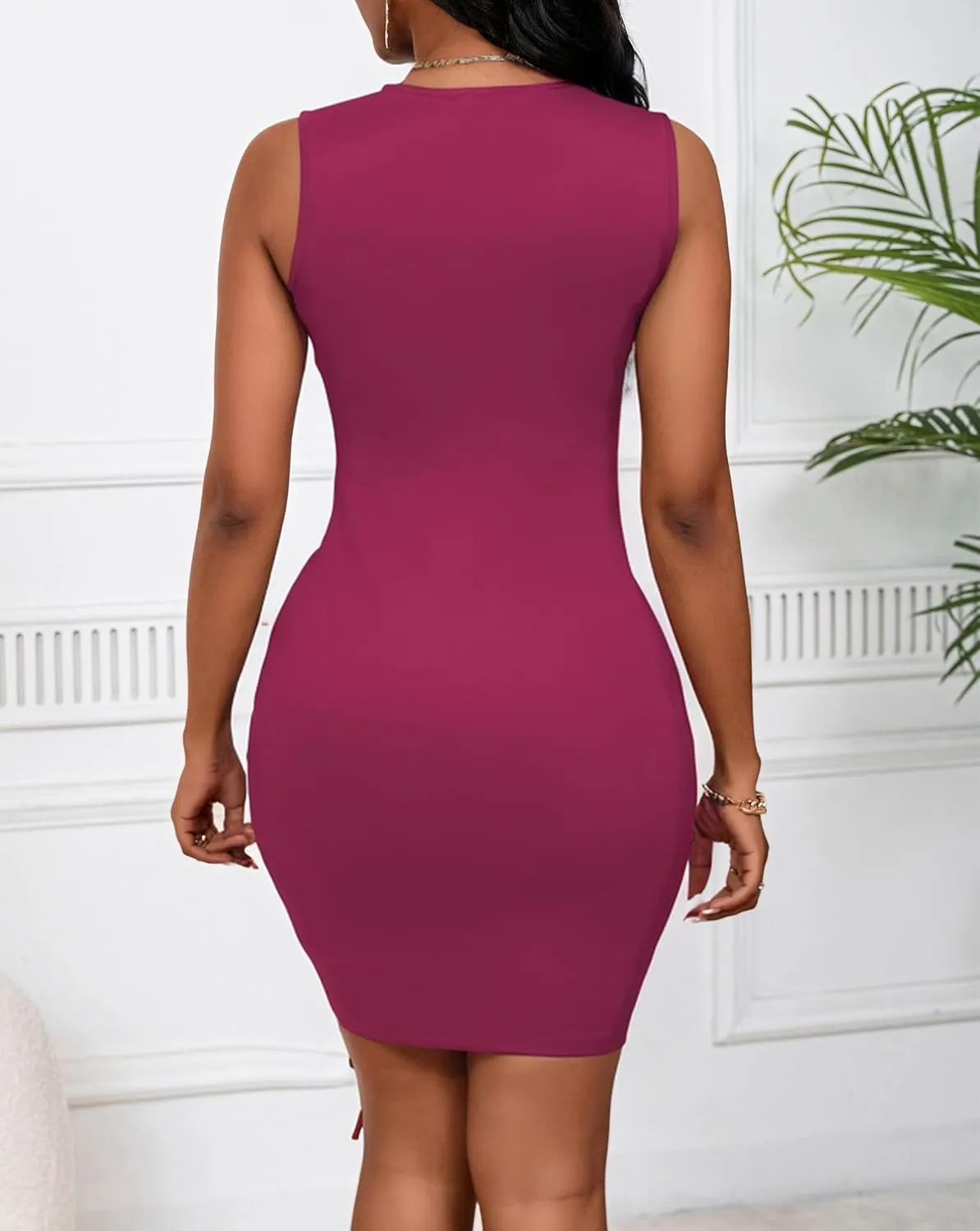 Women's Bodycon Summer Mini Dress Drawstring Ruched Crew Neck Sleeveless Tank Shirt Mini Dresses Cocktail Party Clubwear