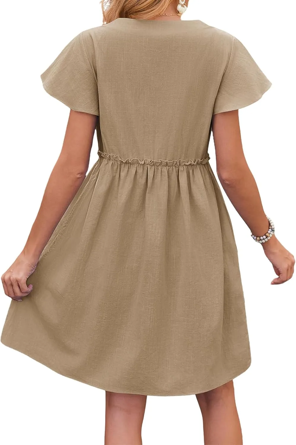 Womens Boho Dresses 2025 Button Down Summer Dresses Short Sleeve V Neck Dress Flowy Smocked Ruffle A Line Mini Dress