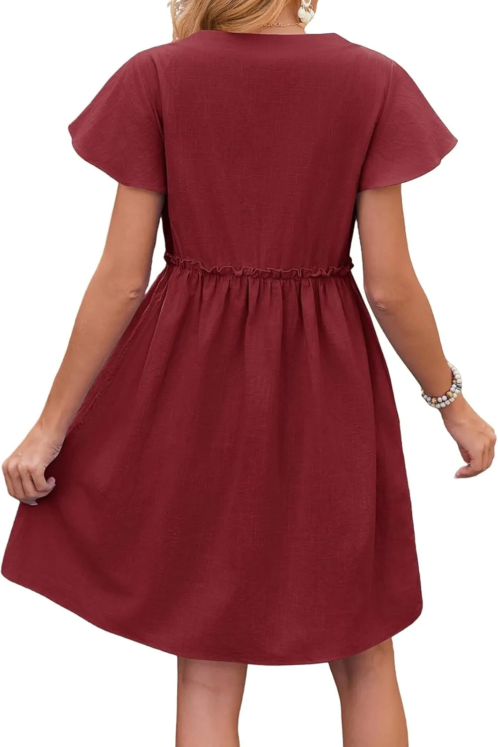 Womens Boho Dresses 2025 Button Down Summer Dresses Short Sleeve V Neck Dress Flowy Smocked Ruffle A Line Mini Dress