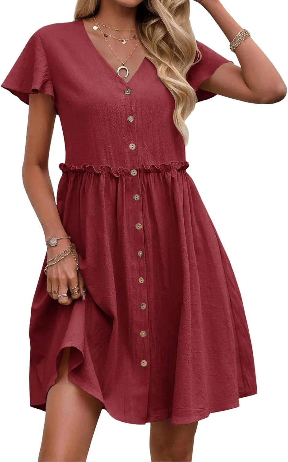 Womens Boho Dresses 2025 Button Down Summer Dresses Short Sleeve V Neck Dress Flowy Smocked Ruffle A Line Mini Dress