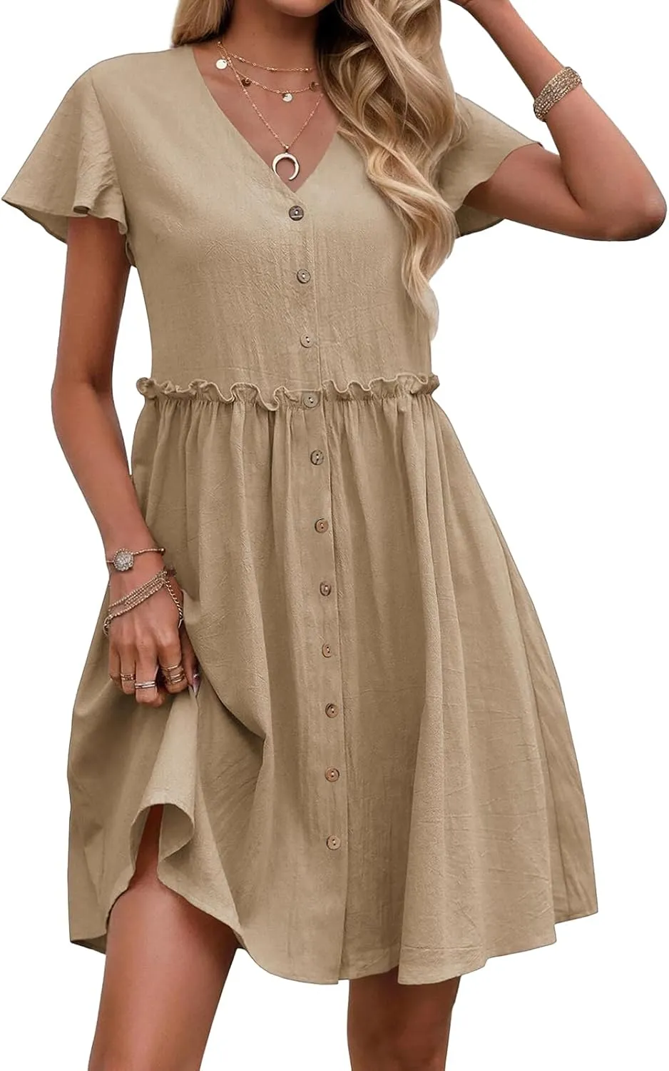 Womens Boho Dresses 2025 Button Down Summer Dresses Short Sleeve V Neck Dress Flowy Smocked Ruffle A Line Mini Dress
