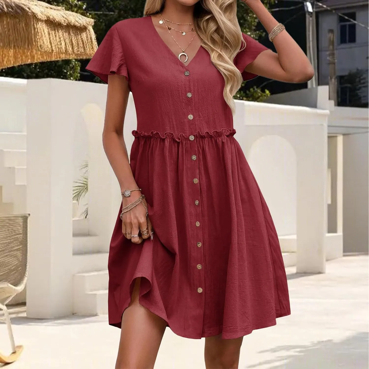 Womens Boho Dresses 2025 Button Down Summer Dresses Short Sleeve V Neck Dress Flowy Smocked Ruffle A Line Mini Dress