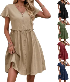 Womens Boho Dresses 2025 Button Down Summer Dresses Short Sleeve V Neck Dress Flowy Smocked Ruffle A Line Mini Dress