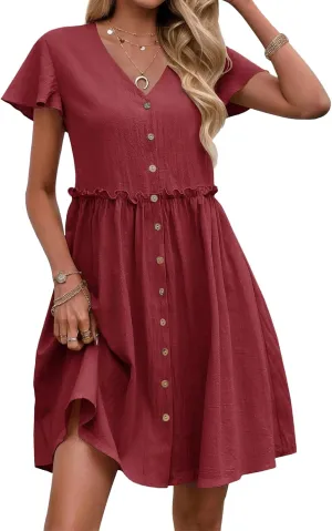 Womens Boho Dresses 2025 Button Down Summer Dresses Short Sleeve V Neck Dress Flowy Smocked Ruffle A Line Mini Dress
