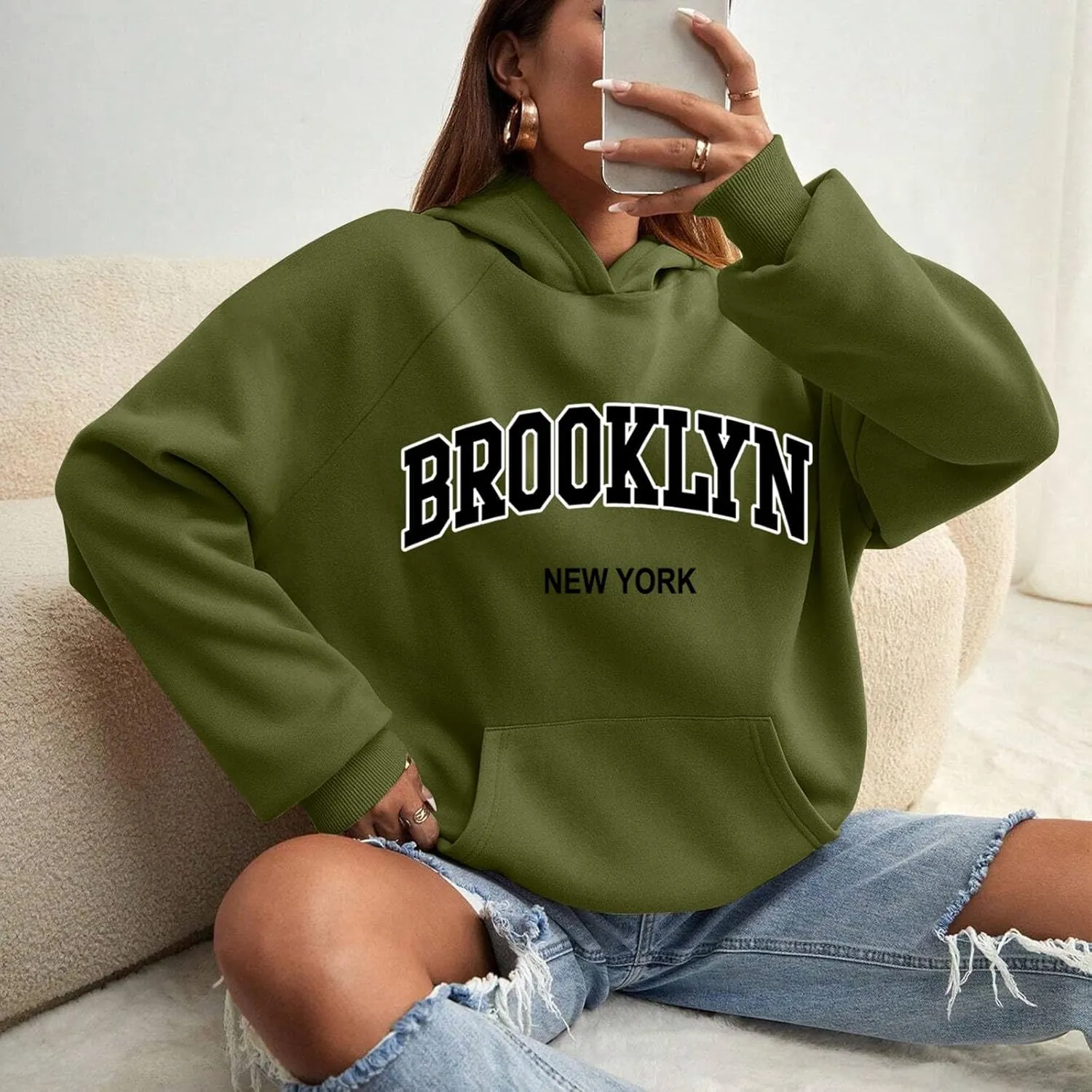 Womens Brooklyn Hoodies Trendy Y2K Oversized Sweatshirt New York Crewneck Long Sleeve Pullover Tops With Pockets