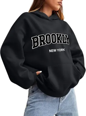 Womens Brooklyn Hoodies Trendy Y2K Oversized Sweatshirt New York Crewneck Long Sleeve Pullover Tops With Pockets