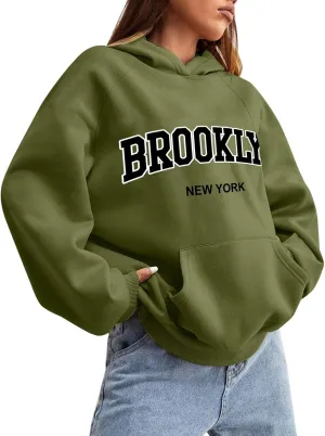 Womens Brooklyn Hoodies Trendy Y2K Oversized Sweatshirt New York Crewneck Long Sleeve Pullover Tops With Pockets