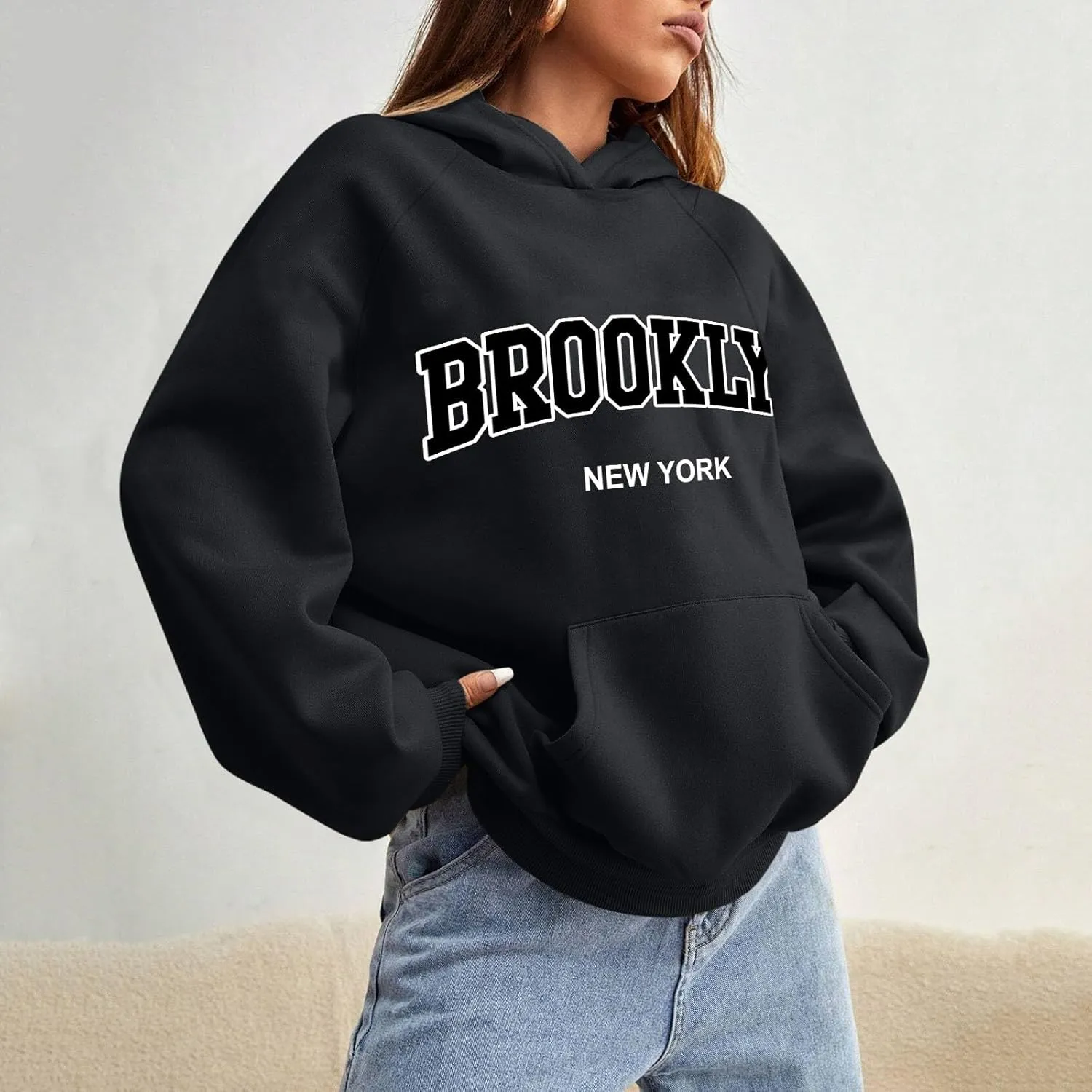 Womens Brooklyn Hoodies Trendy Y2K Oversized Sweatshirt New York Crewneck Long Sleeve Pullover Tops With Pockets
