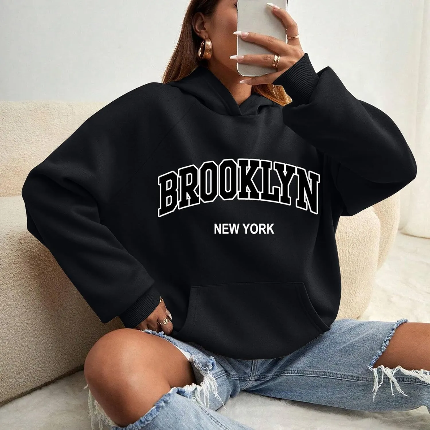 Womens Brooklyn Hoodies Trendy Y2K Oversized Sweatshirt New York Crewneck Long Sleeve Pullover Tops With Pockets