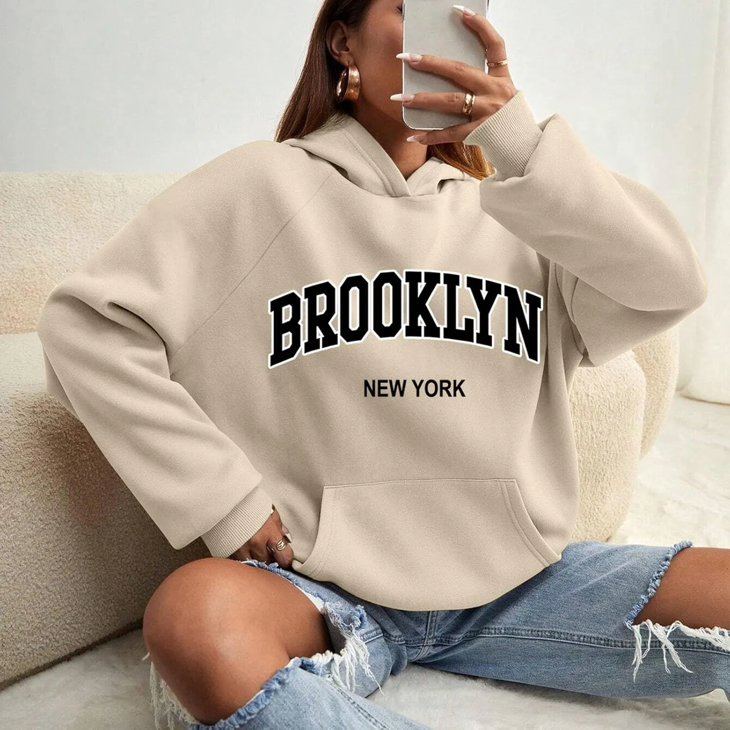 Womens Brooklyn Hoodies Trendy Y2K Oversized Sweatshirt New York Crewneck Long Sleeve Pullover Tops With Pockets