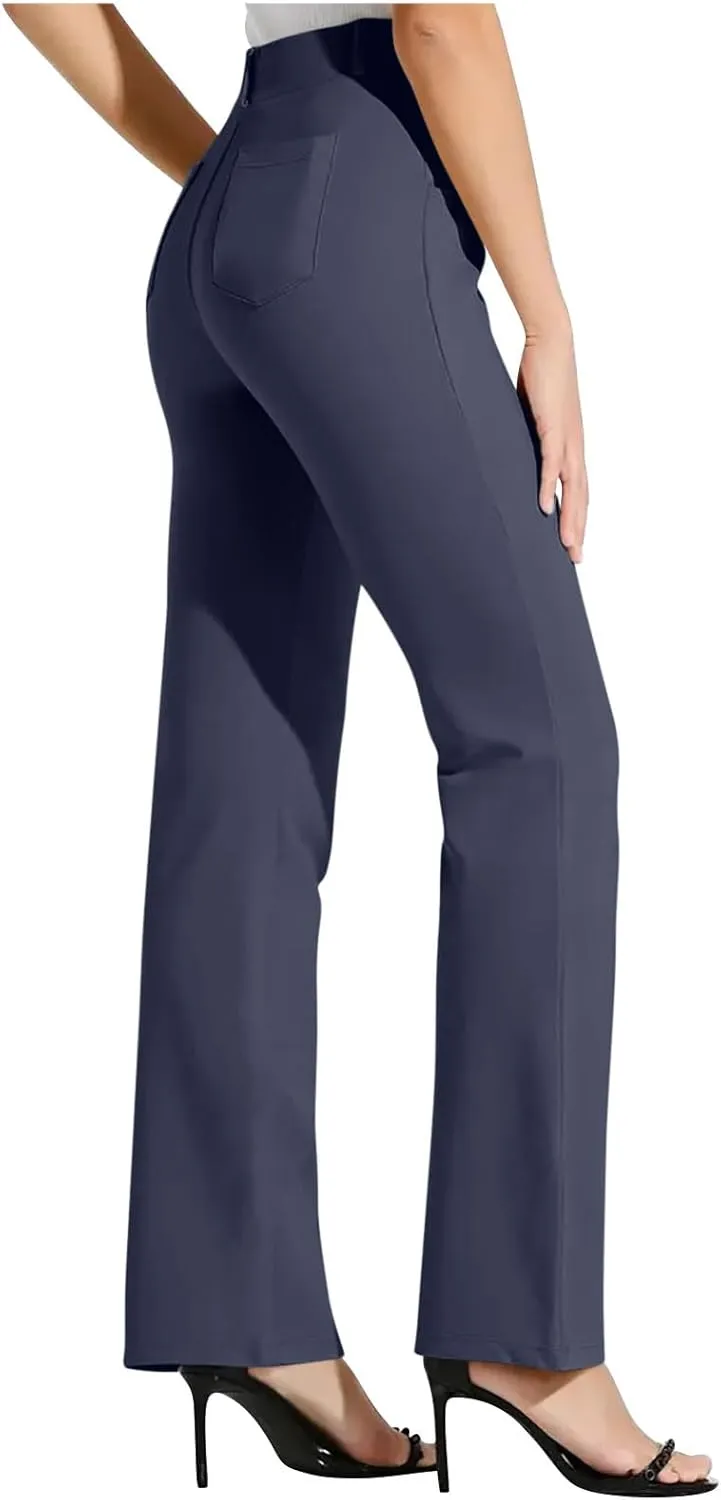 Womens Business Work Pants with Pockets Stretchy Straight Leg Dress Pants High Waist Office Slacks Trousers