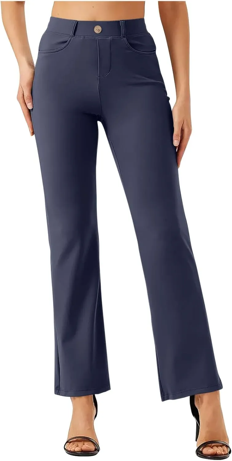 Womens Business Work Pants with Pockets Stretchy Straight Leg Dress Pants High Waist Office Slacks Trousers