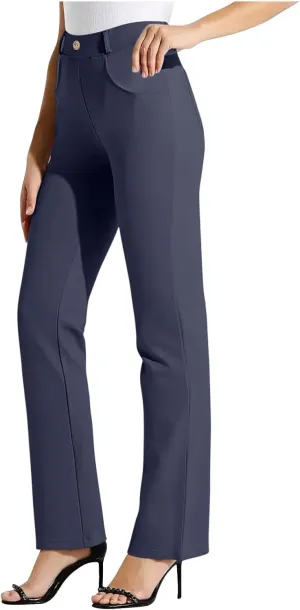 Womens Business Work Pants with Pockets Stretchy Straight Leg Dress Pants High Waist Office Slacks Trousers