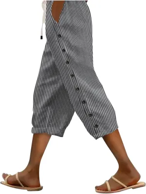Women's Capri Lounge Pants - 2025 Summer Cotton Linen Wide Leg Trousers, Elastic Waist with Pockets