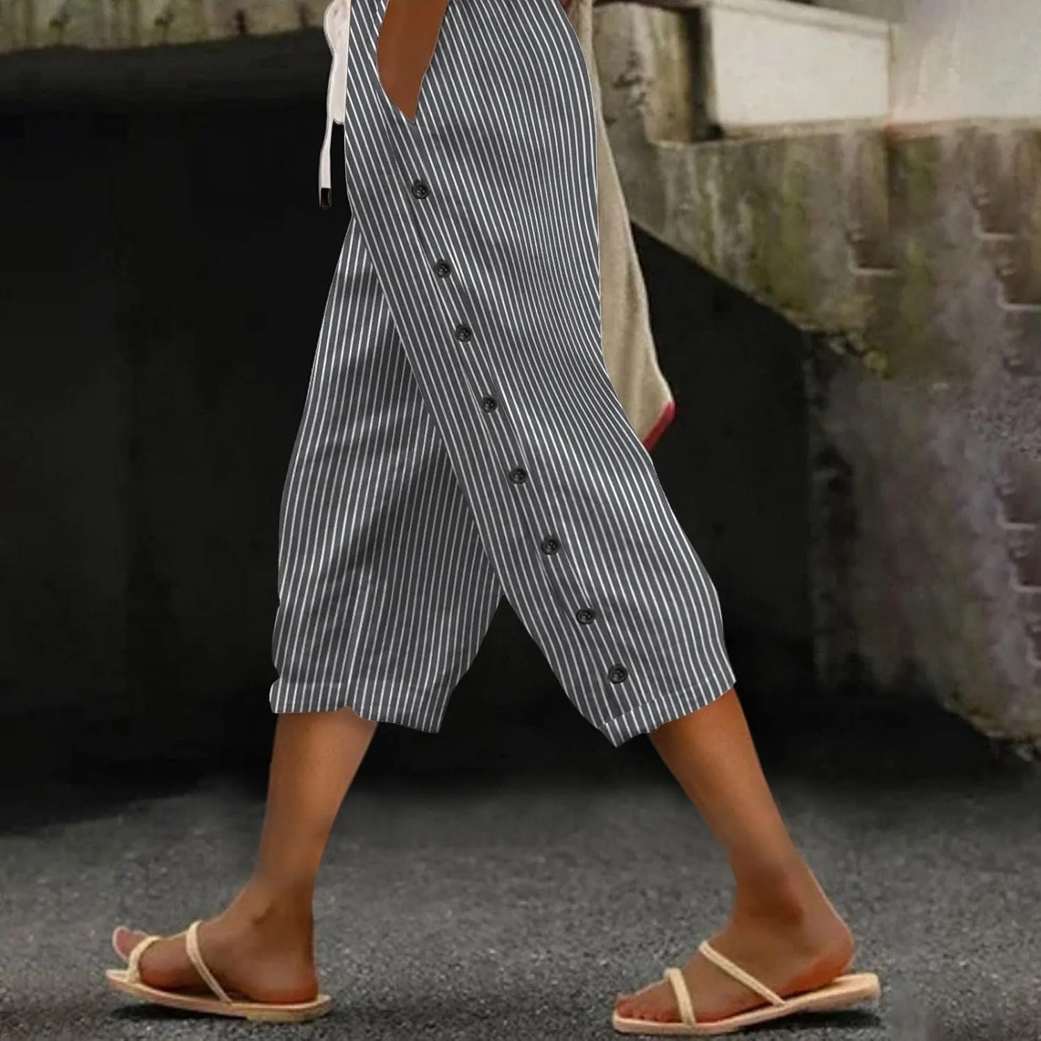 Women's Capri Lounge Pants - 2025 Summer Cotton Linen Wide Leg Trousers, Elastic Waist with Pockets