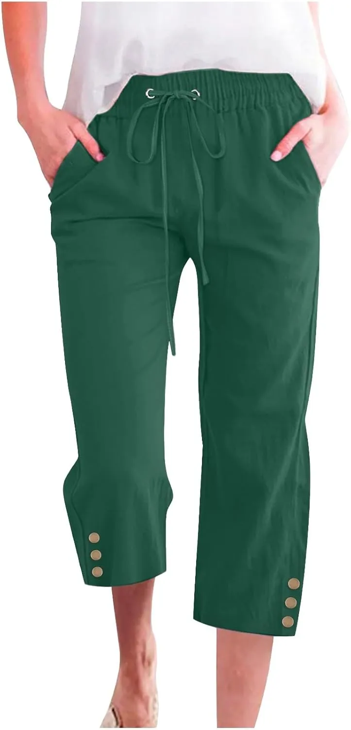 Womens Capris Pants High Waist Drawstring Comfy Cropped Linen Lightweight Loose Trousers Buttons Trim with Pockets