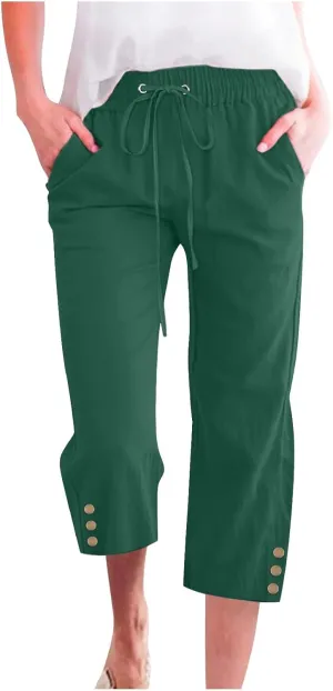 Womens Capris Pants High Waist Drawstring Comfy Cropped Linen Lightweight Loose Trousers Buttons Trim with Pockets