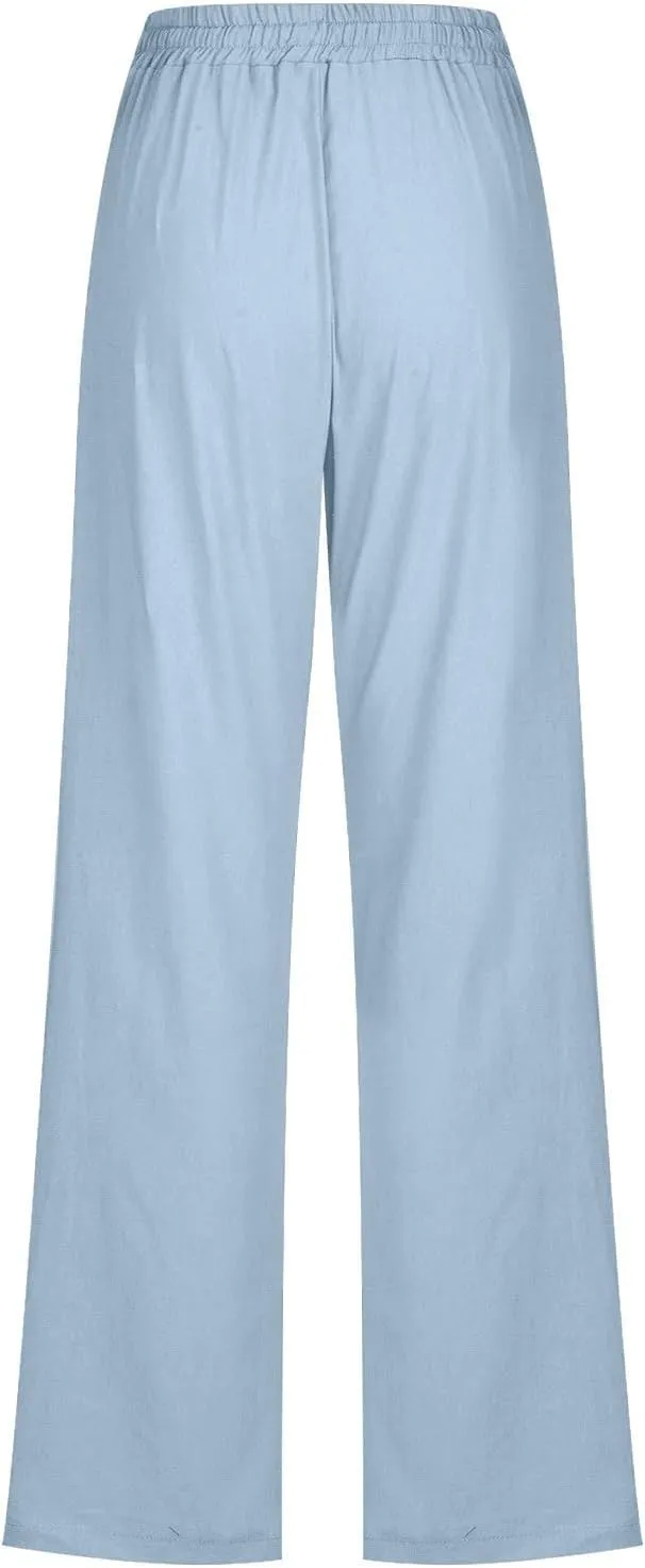 Womens Casual Cotton Linen Pants Lightweight Summer Lounge Pants Elastic Waist Plus Size Long Trousers with Pockets