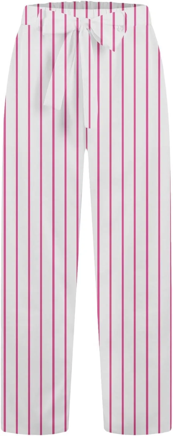 Women's Casual Cotton Linen Striped Print Belt Elastic Waist Beach Pants Wide Leg Drawstring Straight Leg Trousers