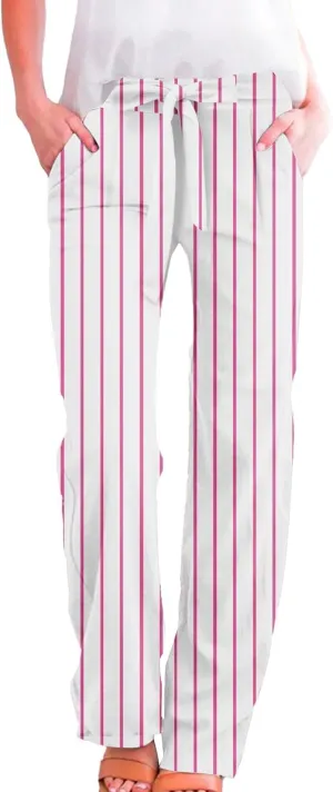 Women's Casual Cotton Linen Striped Print Belt Elastic Waist Beach Pants Wide Leg Drawstring Straight Leg Trousers