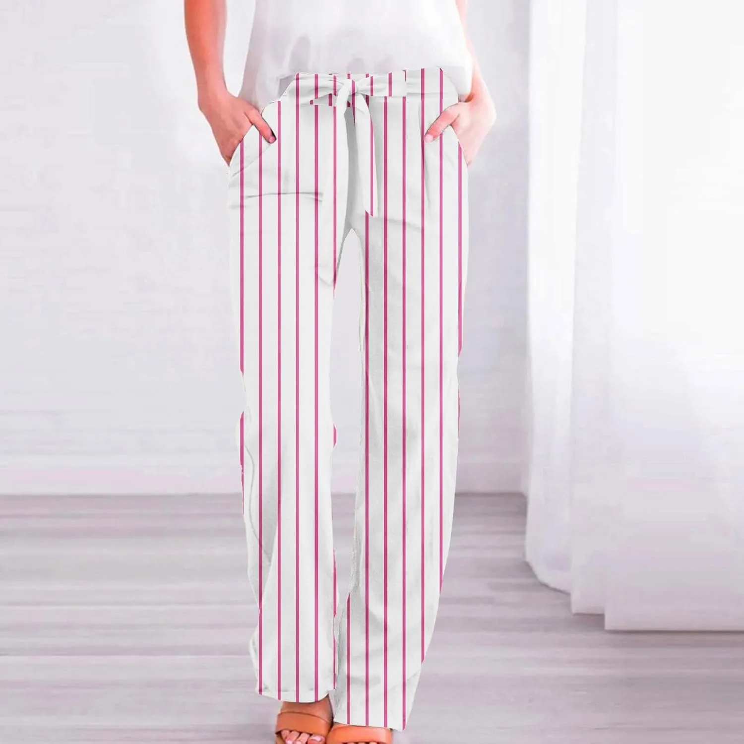 Women's Casual Cotton Linen Striped Print Belt Elastic Waist Beach Pants Wide Leg Drawstring Straight Leg Trousers