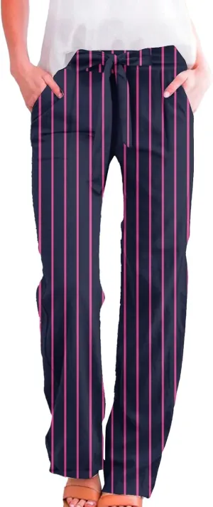 Women's Casual Cotton Linen Striped Print Belt Elastic Waist Beach Pants Wide Leg Drawstring Straight Leg Trousers