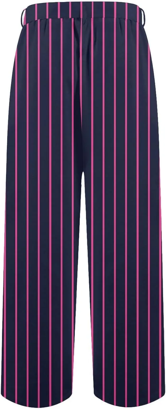 Women's Casual Cotton Linen Striped Print Belt Elastic Waist Beach Pants Wide Leg Drawstring Straight Leg Trousers
