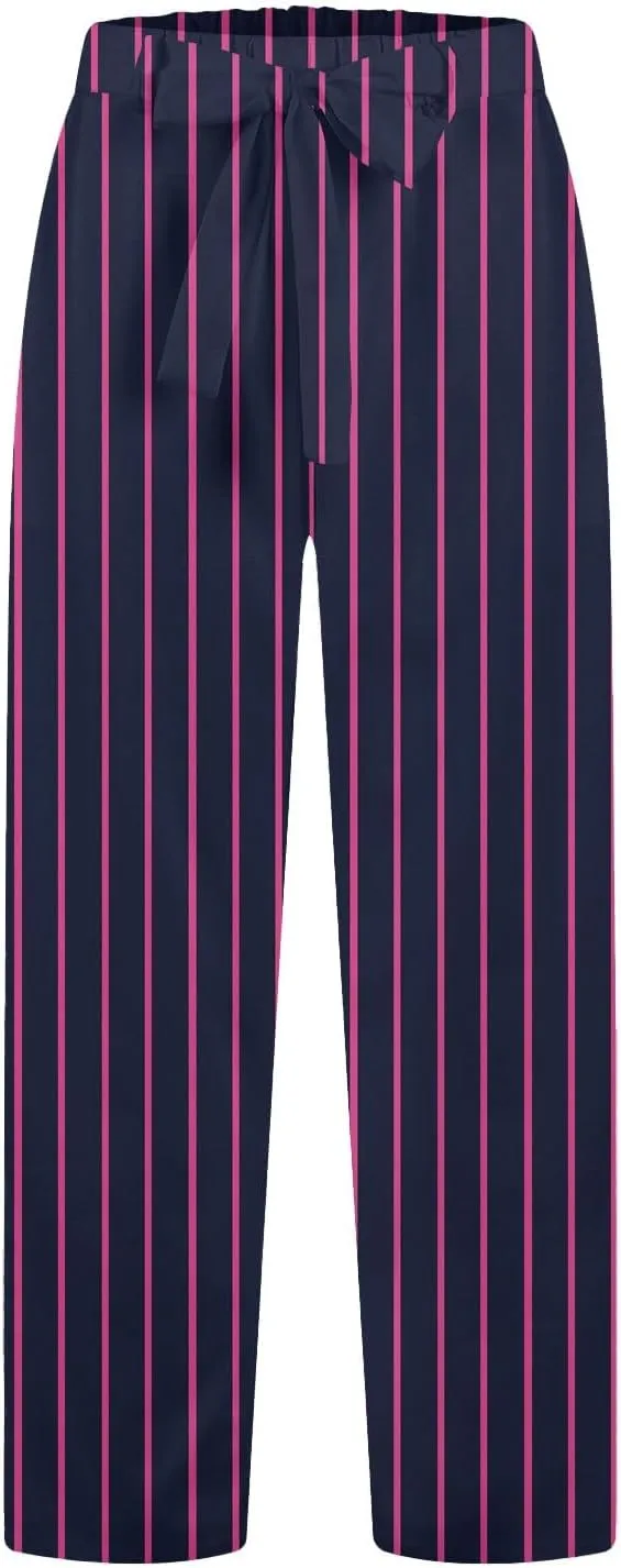 Women's Casual Cotton Linen Striped Print Belt Elastic Waist Beach Pants Wide Leg Drawstring Straight Leg Trousers