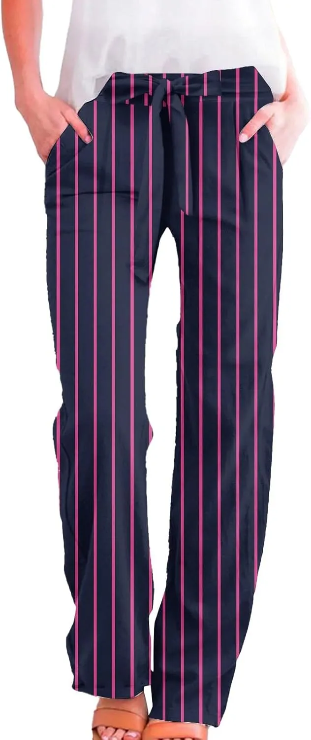 Women's Casual Cotton Linen Striped Print Belt Elastic Waist Beach Pants Wide Leg Drawstring Straight Leg Trousers