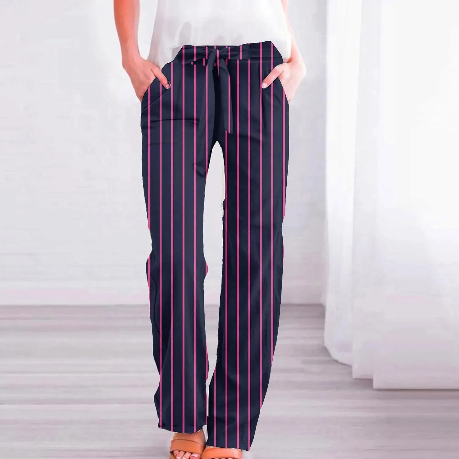 Women's Casual Cotton Linen Striped Print Belt Elastic Waist Beach Pants Wide Leg Drawstring Straight Leg Trousers