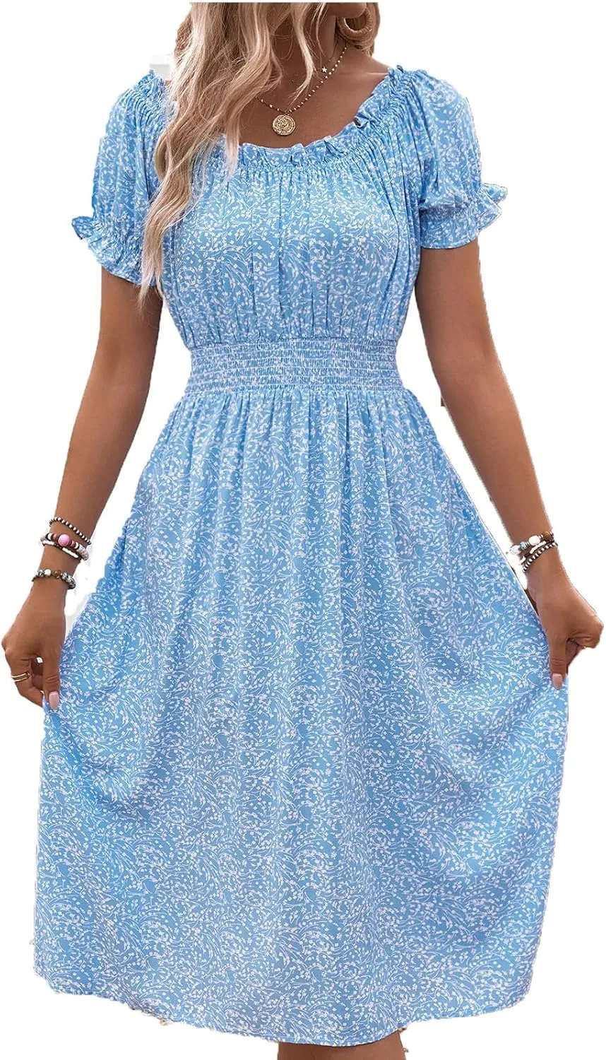 Women's Casual Floral Dresses Crewneck Short Sleeve Knee Length Pleated Dress Everyday Beach Vacation Dresses