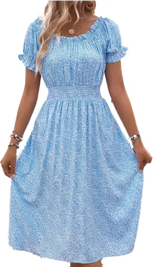Women's Casual Floral Dresses Crewneck Short Sleeve Knee Length Pleated Dress Everyday Beach Vacation Dresses