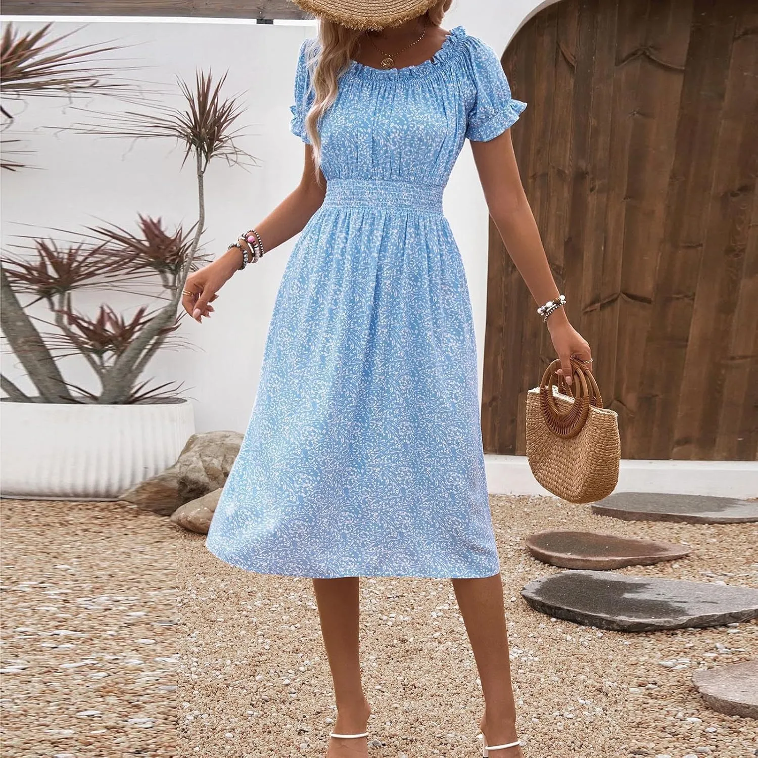 Women's Casual Floral Dresses Crewneck Short Sleeve Knee Length Pleated Dress Everyday Beach Vacation Dresses