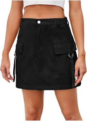 Women's Casual High Waisted Solid Button Up Denim Jean Skirt Mini Cargo Skirt A-Line Y2k Short Denim Jean Skirt