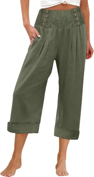 Womens Casual Pants Summer Cotton Linen Wide Leg Elastic Smocked Waist Cropped Trousers Summer Beach Vacation Pants