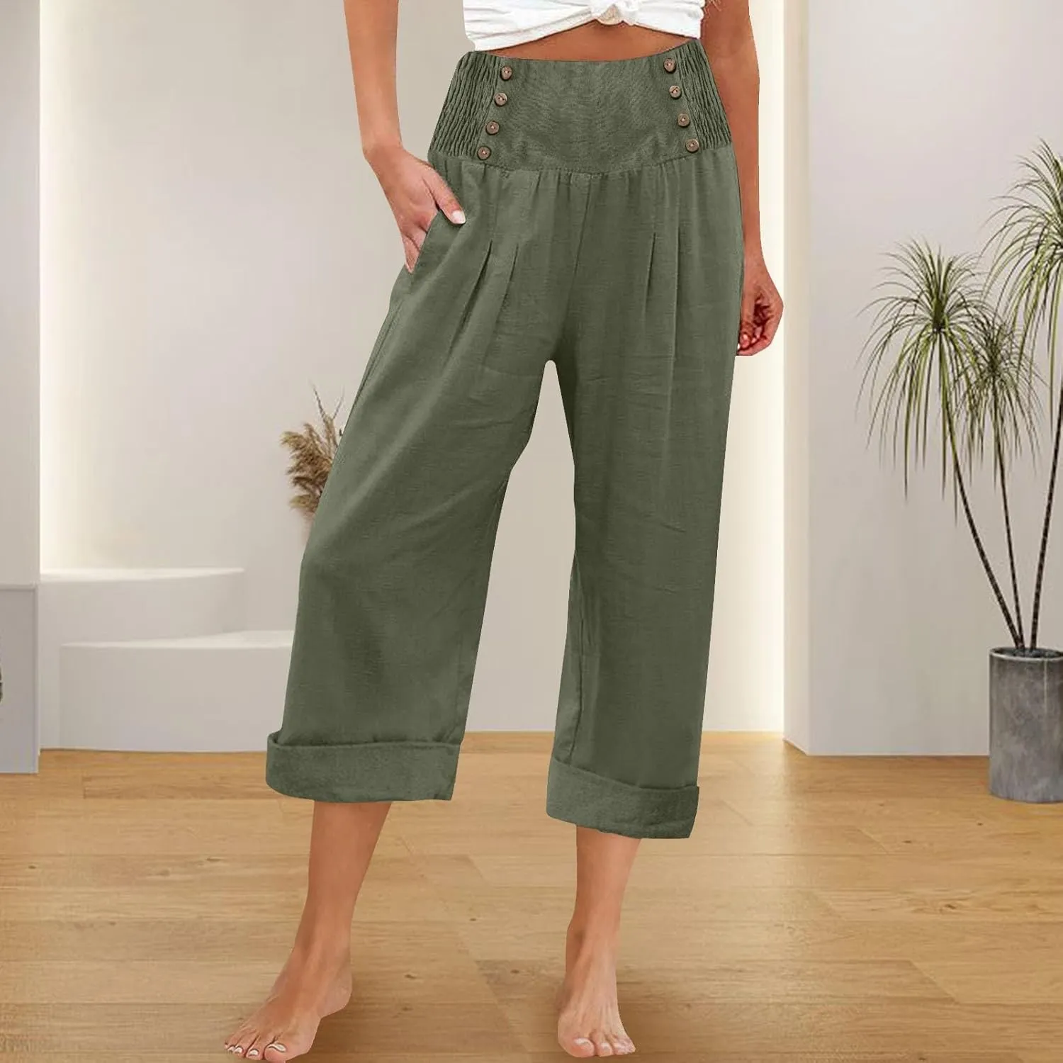 Womens Casual Pants Summer Cotton Linen Wide Leg Elastic Smocked Waist Cropped Trousers Summer Beach Vacation Pants