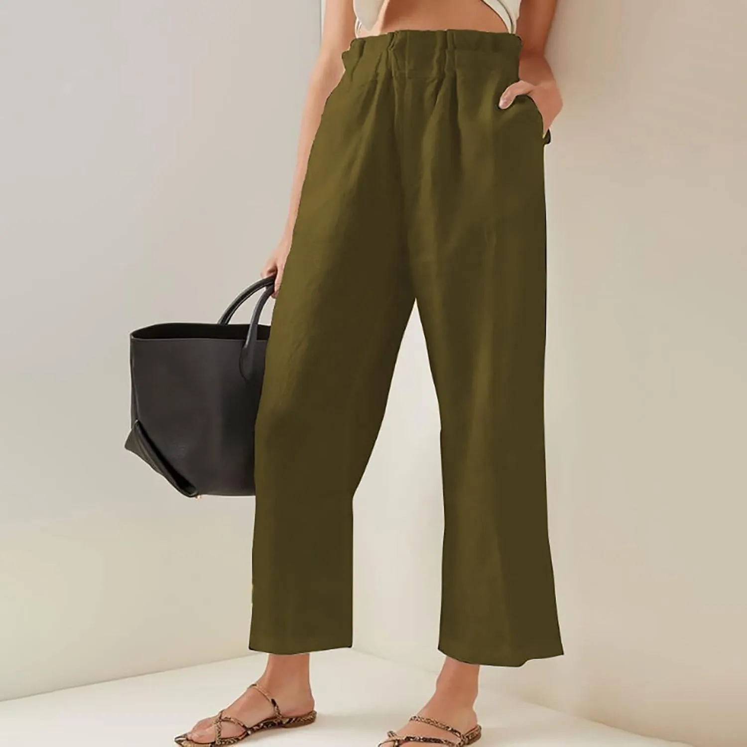 Womens Casual Straight Leg Pants Wide Leg Cotton Linen Elastic Smocked Waist Pants Summer Beach Solid Color Lounge Trousers