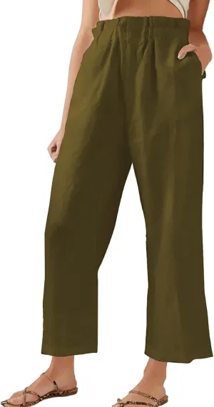 Womens Casual Straight Leg Pants Wide Leg Cotton Linen Elastic Smocked Waist Pants Summer Beach Solid Color Lounge Trousers