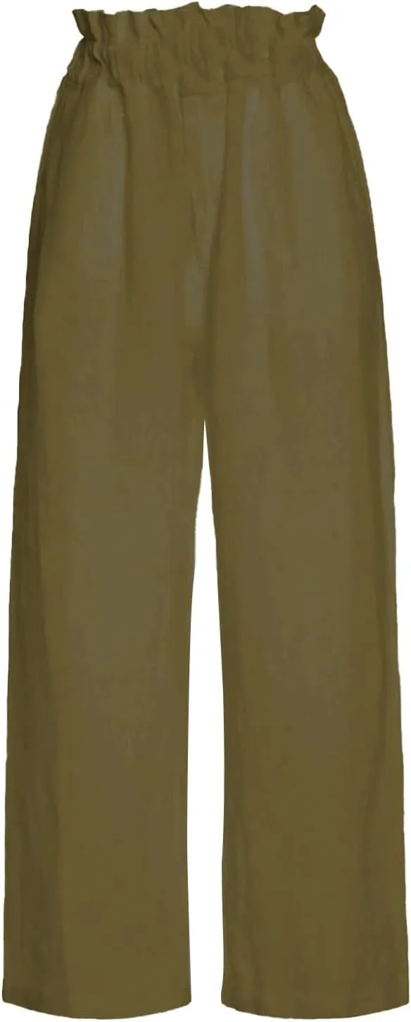 Womens Casual Straight Leg Pants Wide Leg Cotton Linen Elastic Smocked Waist Pants Summer Beach Solid Color Lounge Trousers