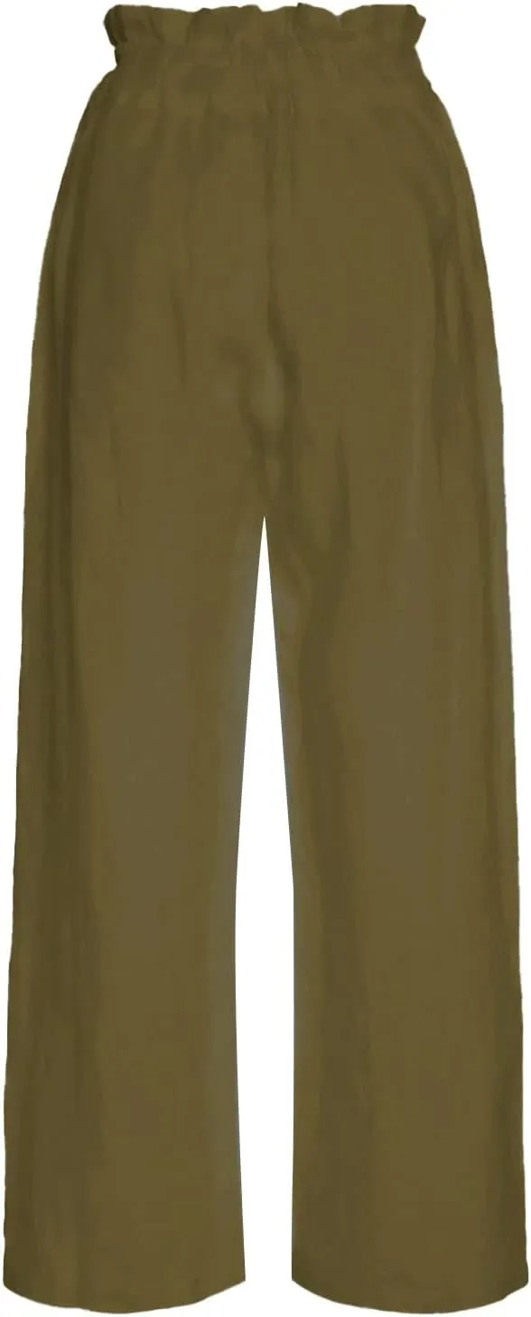 Womens Casual Straight Leg Pants Wide Leg Cotton Linen Elastic Smocked Waist Pants Summer Beach Solid Color Lounge Trousers