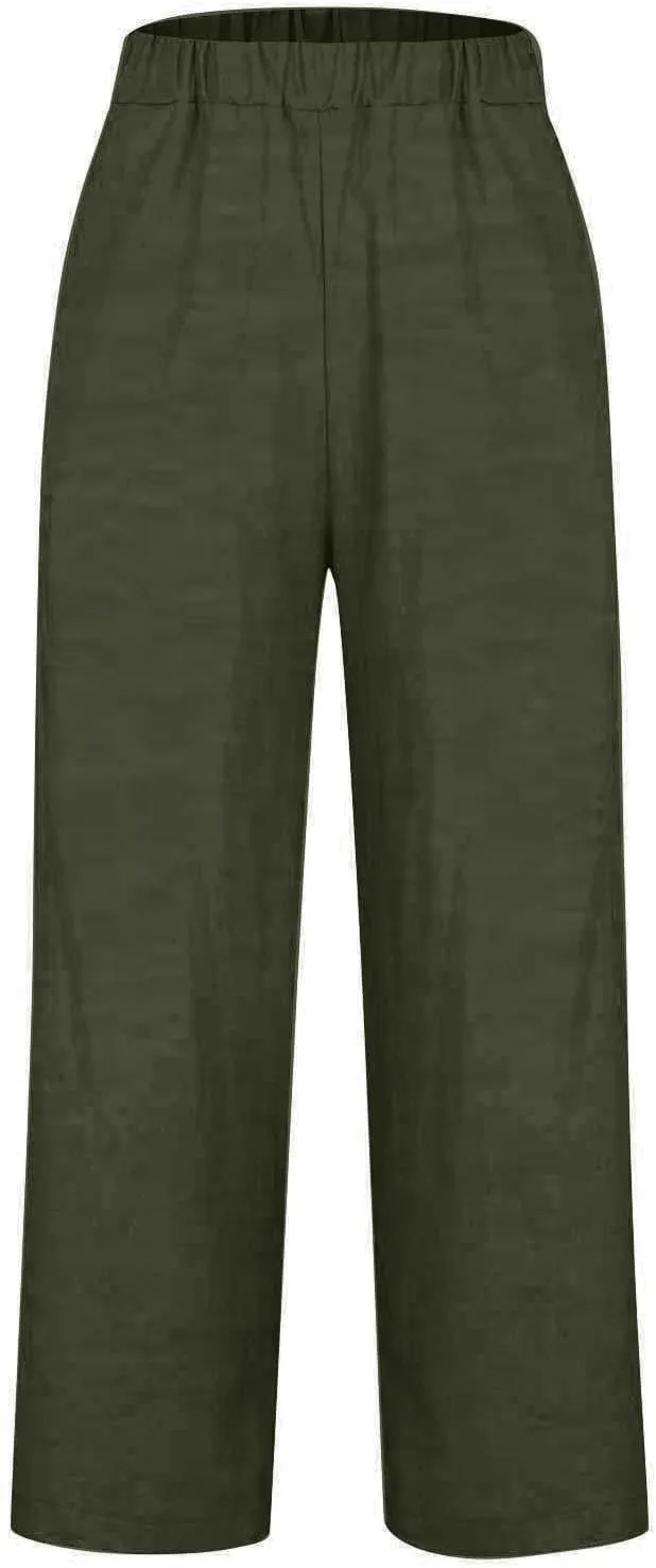 Womens Cotton Linen Buttons Waist Pant Casual Straight Leg Long Trousers Summer Lightweight Loose Pants