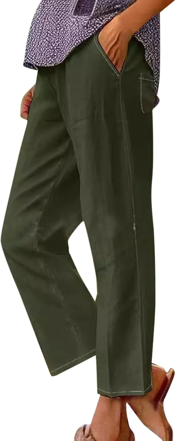 Womens Cotton Linen Buttons Waist Pant Casual Straight Leg Long Trousers Summer Lightweight Loose Pants